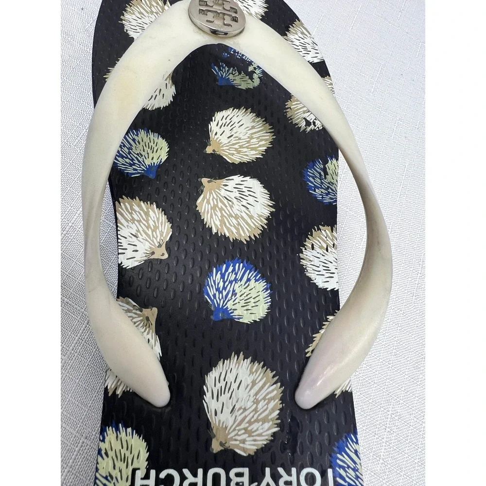Tory Burch Flip Flop Sandals Womens 8 Black Hedgehog Print Good Casual Thong